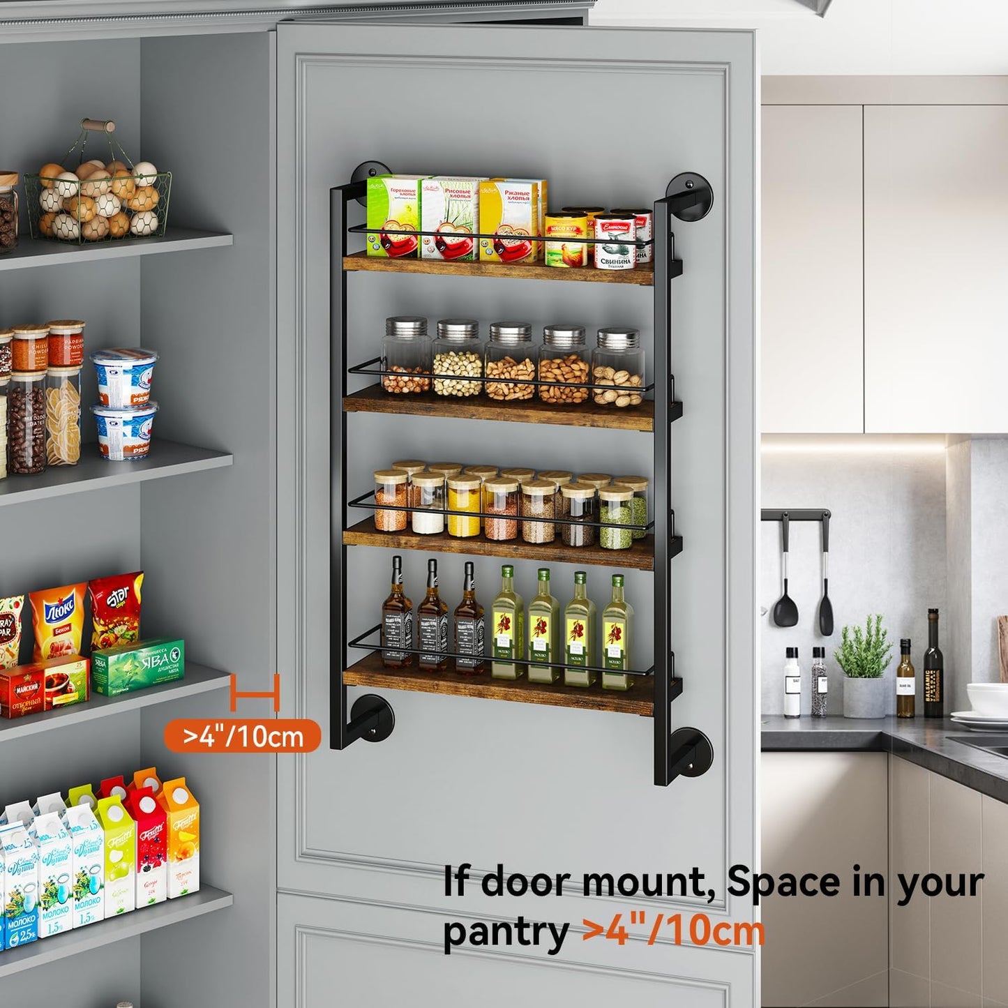 IBUYKE Spice Rack Wall Mount,4 Tier Hanging Seasoning Organizer,Large Spice Rack for Wall for up to 50 Jars,Spice Organization for Kitchen Cabinet,Bathroom,Pantry,Living Room,Brown TLJ016H