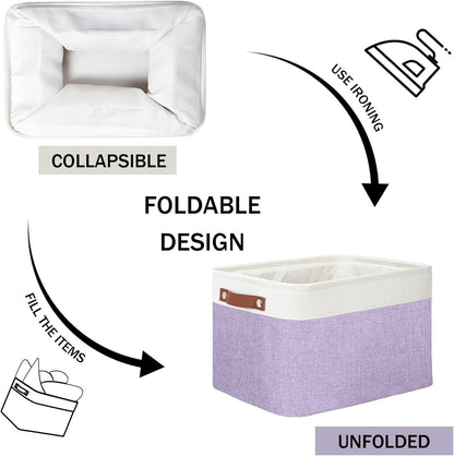 DULLEMELO Storage Baskets for Organizing, Shelves,Bedroom, Decorative Storage Bins with Leather Handles, Fabric Storage Basket for Office, Toys(3-Pack, White&Purple)