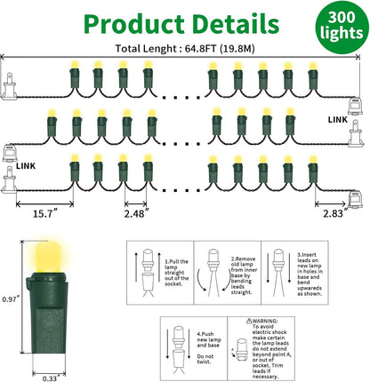 Yellow Wide Angle LED String Lights, 64.8 Ft 300 Count, Pack of 3 Strands 21.9 Ft 100 Lights UL Certified Commercial Grade Green Wire 5mm Holiday String Light