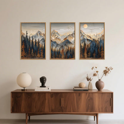 Celestdeco Wood Mountain Framed Canvas Wall Art Set, Pine Trees Wall Painting, Ridge Scenery Wall Decor, Natural Sun Landscape Art Print for Living Room, Bedroom, Dining Room, Office - 24"x36"x3