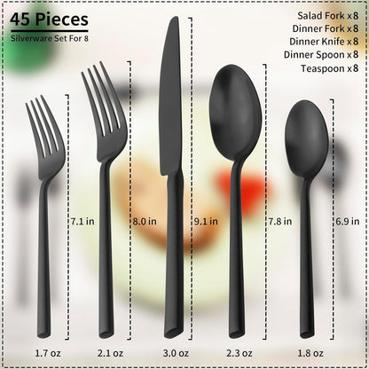 Alata Potter Black 45-Piece Forged Silverware Set with Utensil-Serving Set, Service for 8, Stainless Steel Flatware Set, Modern Design with Satin Finish, Ideal for Home, Kitchen, Party, Camping