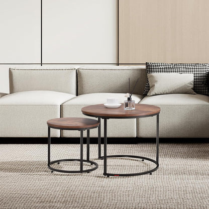 VEVOR Nesting Tables, Coffee Table Set of 2, 23.6 inch Round Coffee Table, Small Coffee Tables Night Stand with Metal Frame, for Living Room, Bedroom, Office (Brown & Black)