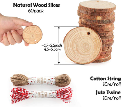 30 Pcs Wood Slices for Crafts, 1.57"-2" Pre-Drilled Holes Wood Rounds, 66 Feet Twine String, Wooden Circles for Crafts Burning Painting DIY Crafts Christmas Wedding Party Wedding Decor Party