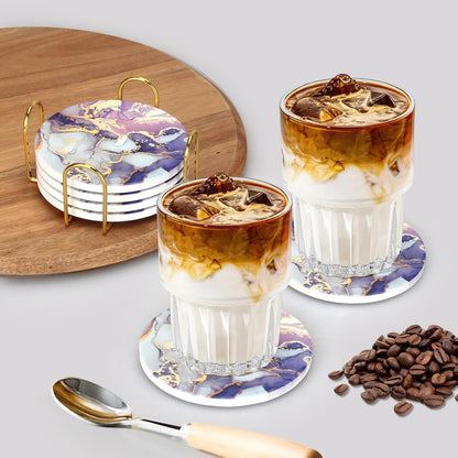 Purple Agate Coasters with Holder Drink Coaster Set of 6 Modern Marble Coasters Unique Coaster for Coffee Table Decor Gift Women Kitchen Accessories Bar Coster Cup Cool Cute Ceramic Coasters
