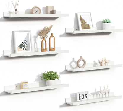 upsimples Floating Shelves for Wall, Wall Shelves for Decor Storage Set of 6, Wall Mounted Wood Shelf for Bedroom, Living Room, Bathroom, Kitchen, 23.6 inch Long Picture Ledge Shelf, White