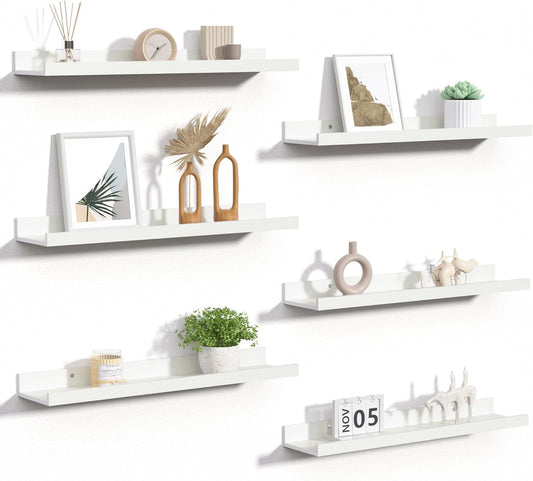 upsimples Floating Shelves for Wall, Wall Shelves for Decor Storage Set of 6, Wall Mounted Wood Shelf for Bedroom, Living Room, Bathroom, Kitchen, 23.6 inch Long Picture Ledge Shelf, White