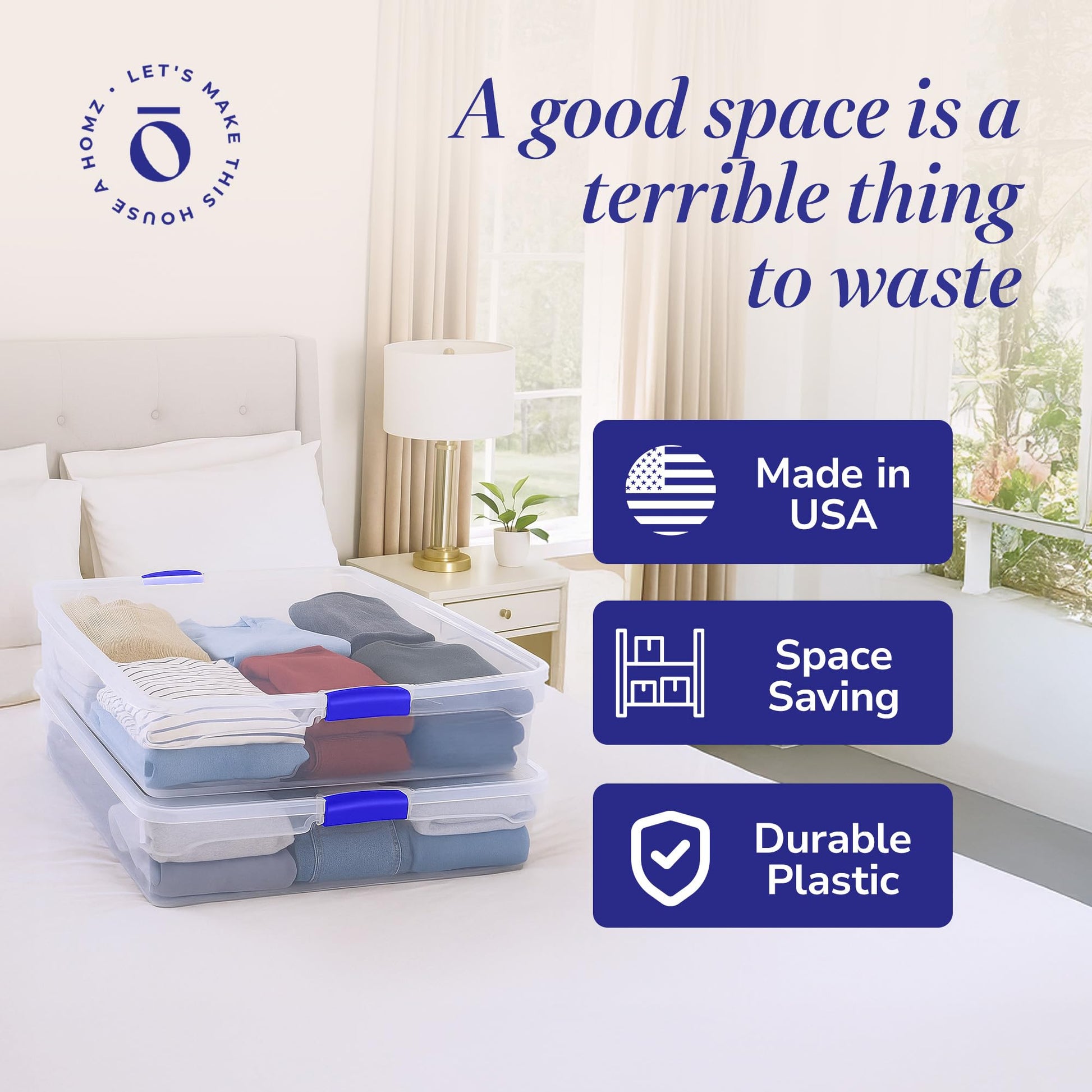 HOMZ 2-Pack Under Bed Storage, Clear Plastic Containers with Lids, 56 Quart, Blue Latch - Stackable
