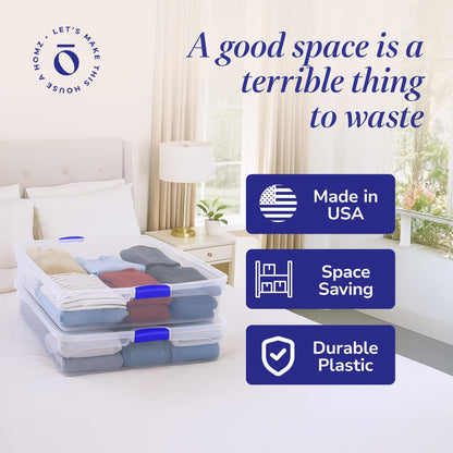 HOMZ 2-Pack Under Bed Storage, Clear Plastic Containers with Lids, 56 Quart, Blue Latch - Stackable