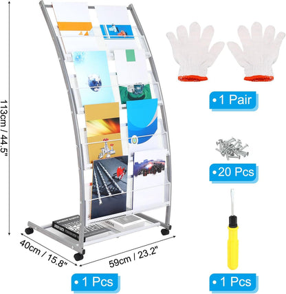 PATIKIL L-shaped Magazine Display Racks Floor Standing 4 Layers Brochure Stand Catalog Literature Holder with Wheels for Hotel, Exhibition, Trade Show, Office
