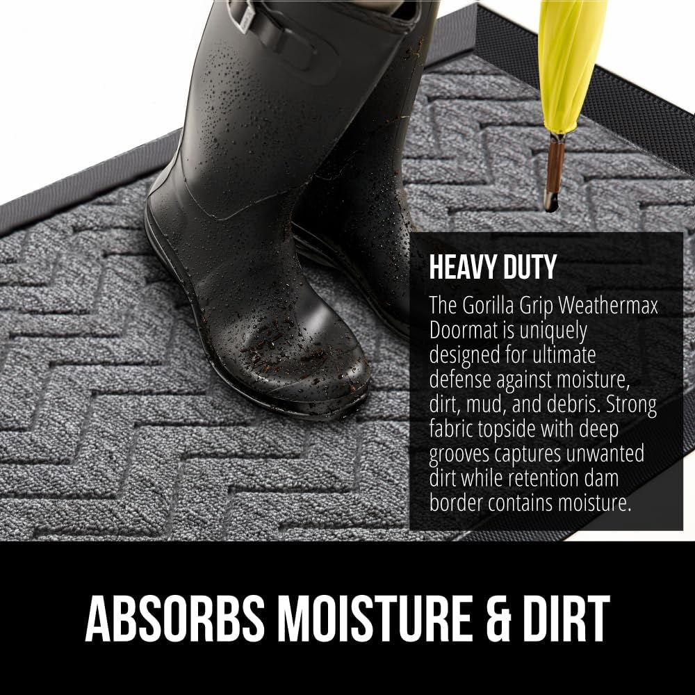 GORILLA GRIP 100% Waterproof All-Season WeatherMax Doormat, 34x58, US Designed Natural Rubber, Stain and Fade Resistant, Low Profile Indoor Outdoor Door Mats, Easy Clean Patio Mat, Steel Chevron