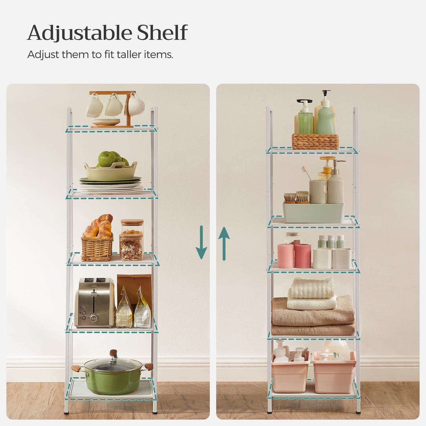 SONGMICS 5-Tier Storage Rack, Bathroom Shelf, Extendable Plant Stand with Adjustable Shelf, for