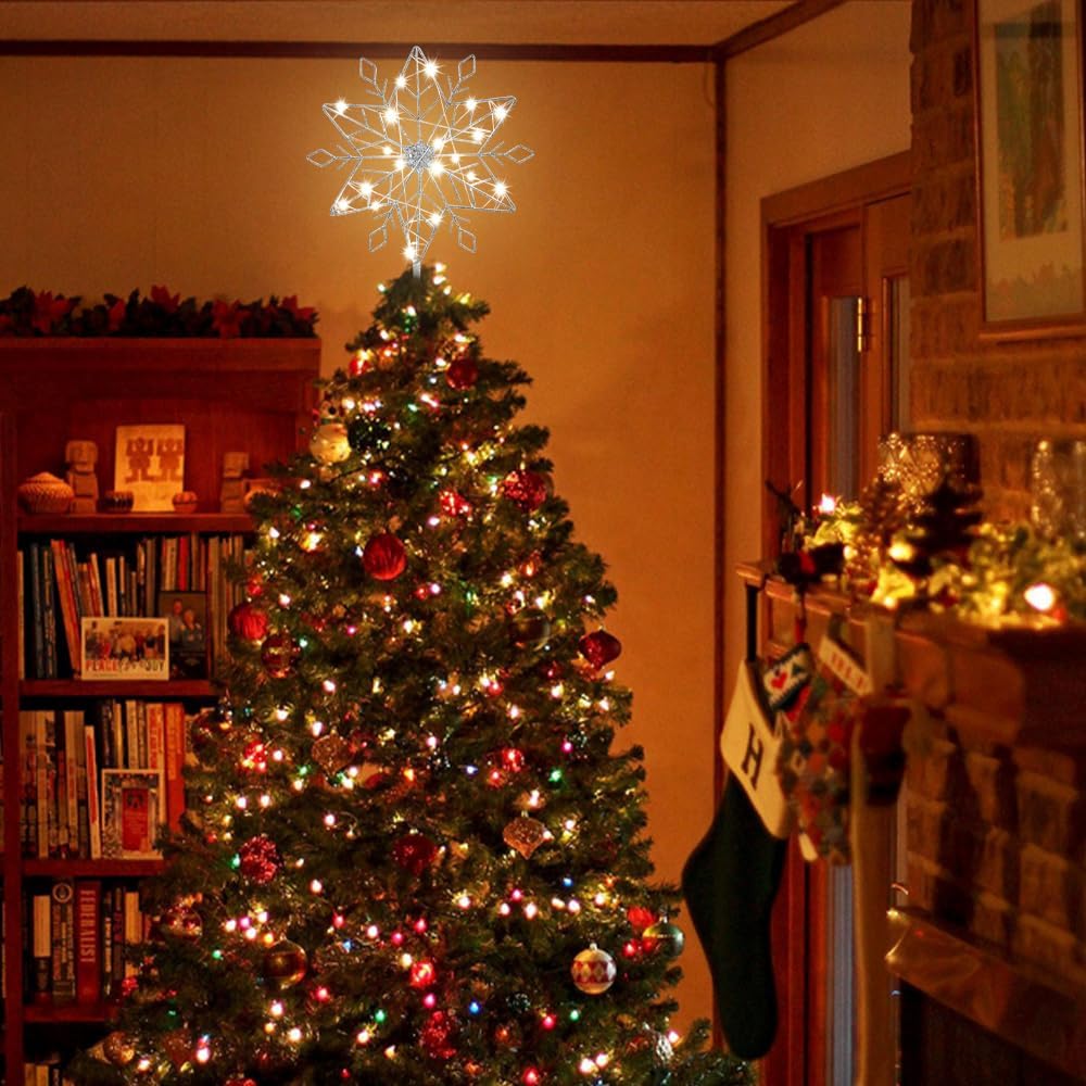 hogardeck Christmas Tree Topper, 10" Lighted Silver Snow Tree Topper, 20 LED Lights Silver Glitter Powder Snowflake Tree Toppers Christmas Decorations, Battery Powered Timer Xmas Treetop Star Decor