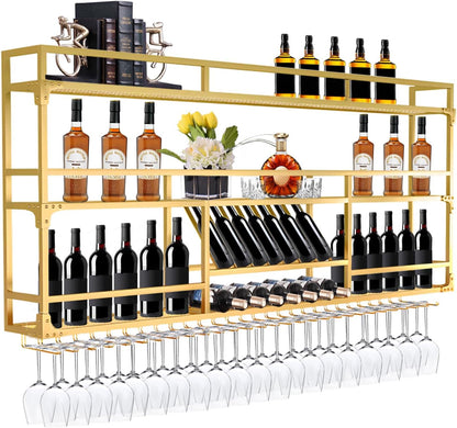 47.2in Wall Mounted Wine Rack, Wine Rack Wall Mounted With Wine Glass Rack, Metal Bar Bottle Display Shelf Wine Cups Hanging Holder, For Home Bar Cafe Dining Room Decoration (GOLD, 47.2*10*35.5inch)