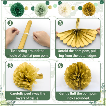 Green Wedding Party Decorations Set, 16 PCS Tissue Paper Pom Poms, Dots Paper Garland for Engagement, Green Boho Wedding, St. Patrick's Day Party, Baby Shower Party Decor