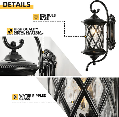Retro Large Outdoor Wall Lanterns 24" Exterior Light Fixtures Coach Light Waterproof Aluminium with Water Glass Outside Wall Lamps for House Front Door Garage Porch Lighting, Black