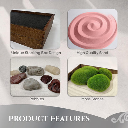 Wooden Stackable Zen Garden | Desert Rose Sand with Rake & Accessories | Minimalist Decor Gift for Relaxation