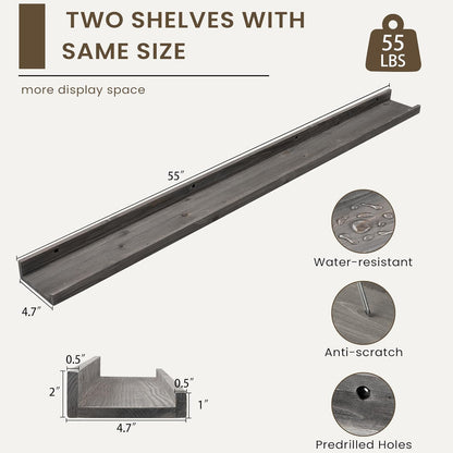 Floating Shelves for Wall, Picture Ledge Shelf 55 Inch Solid Wood Set of 2, Rustic Wall Shelves with Lip, Kids Bookshelf, Photo & Picture Live Edge Floating Shelves for Bedroom, Living Room, Kitchen