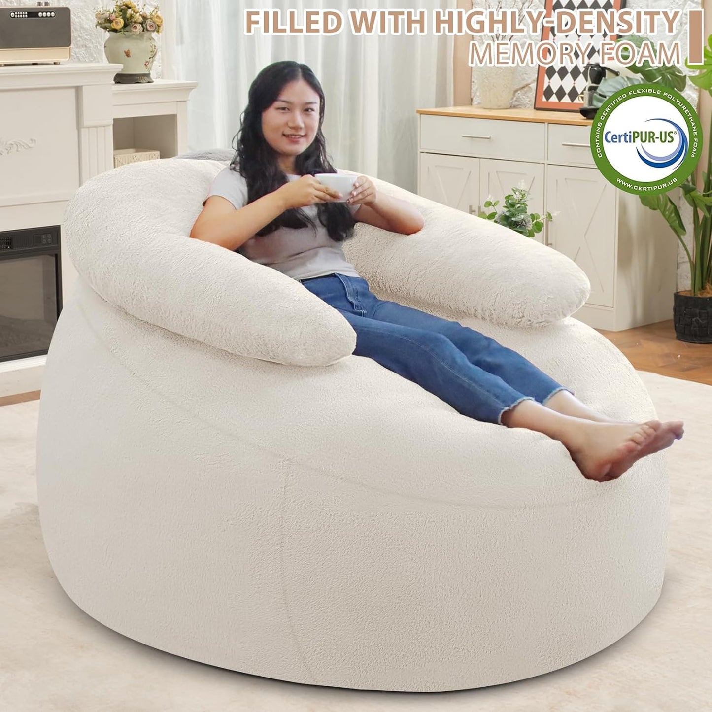HABUTWAY Bean Bag Chair with U-Shaped Pillow for Adult and Kids Big BeanBag Chair with Filling Ultra Soft Faux Fur Couch Chair with Washable Cover for Living Room Bedroom Office, Beige & Beige