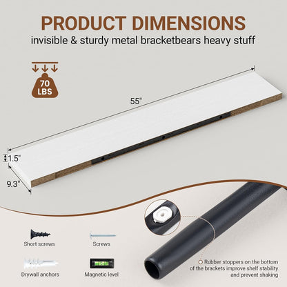 Heimlove 55 Inch Long Floating Shelves for Wall,9.3" Deep White Floating Shelves Set of 2,Large Display Shelf & Storage Shelf,Wall Mounted Shelves for Bedroom Living Room Kitchen Office