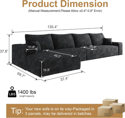 136" Sectional Couches for Living Room Modern Modular Sofa with L-Shape Couchs Upholstered Boneless Couch Deep Seat Sectional Couch with Chaise (Black, Left Facing Chaise+3Seaters)
