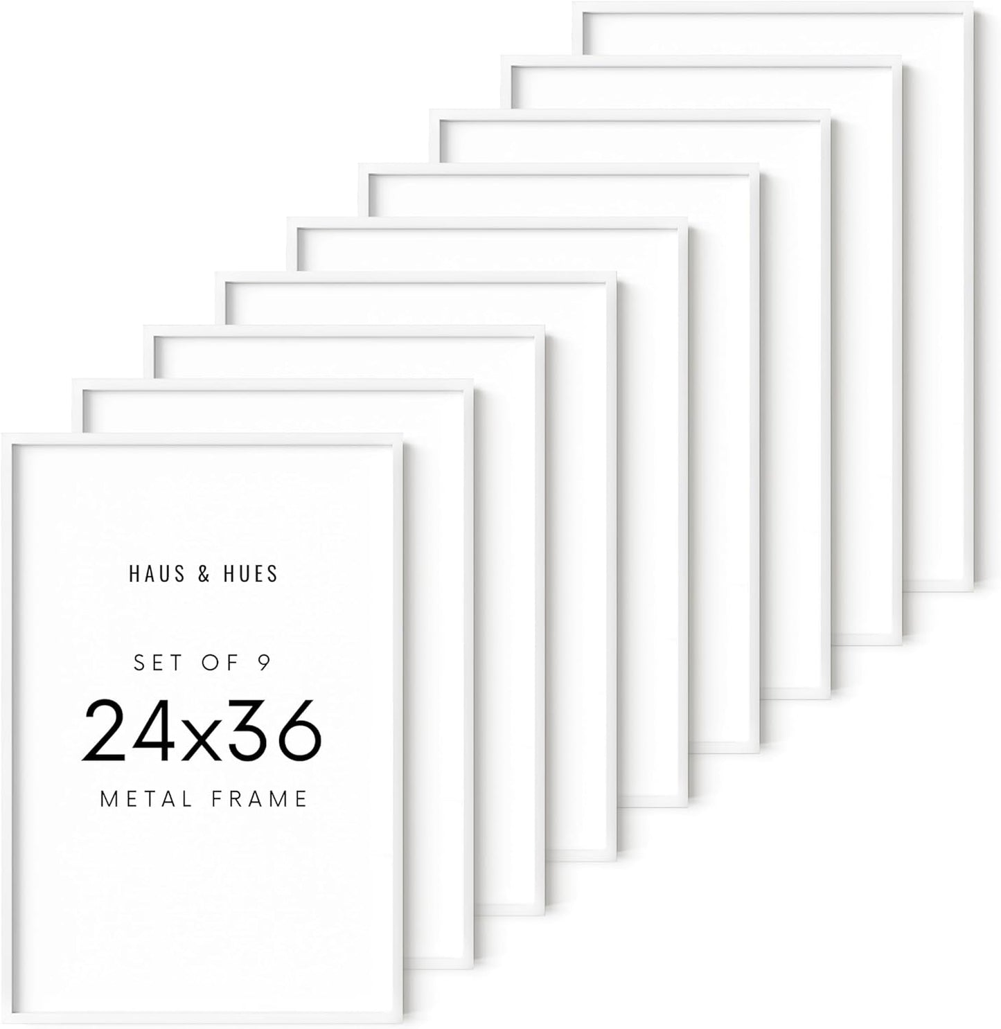 HAUS AND HUES 24x36 White Metal Picture Frames - Features Premium Aluminum, Vertical & Horizontal Hang, Shatterproof Plexiglass - Ideal for Home, Room, Office (24x36 in, White, Set of 9)
