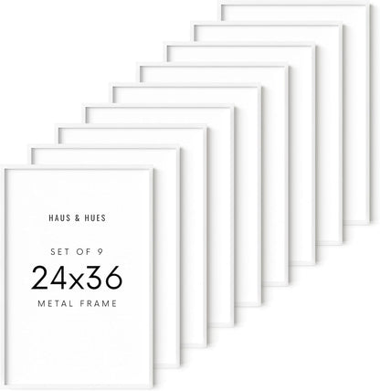 HAUS AND HUES 24x36 White Metal Picture Frames - Features Premium Aluminum, Vertical & Horizontal Hang, Shatterproof Plexiglass - Ideal for Home, Room, Office (24x36 in, White, Set of 9)