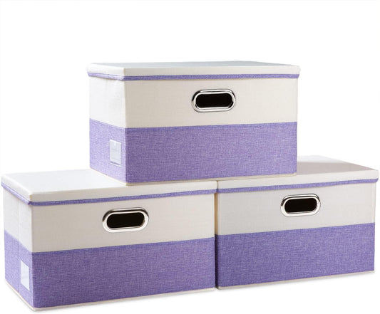 PRANDOM Large Foldable Storage Bins with Lids [3-Pack] linen Fabric Decorative Storage Boxes Organizer Containers Baskets Cube with Handles Divider for Bedroom Closet Purple&Cream(17.7x11.8x11.8)