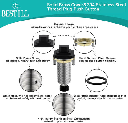 BESTILL Garbage Disposal Air Switch Kit, Square Raised Push Button Ideal for Long Nails, Cordless Sink Top Brass Switch for Food Waste Disposer, Matte Black, Compatible with all Garbage Disposals