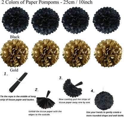 ZERODECO Party Decoration, 21 Pcs Black and Gold Hanging Paper Fans, Pom Poms Flowers, Garlands String Polka Dot and Triangle Bunting Flags for Birthday Parties Wedding Décor, Table & Wall Decorations