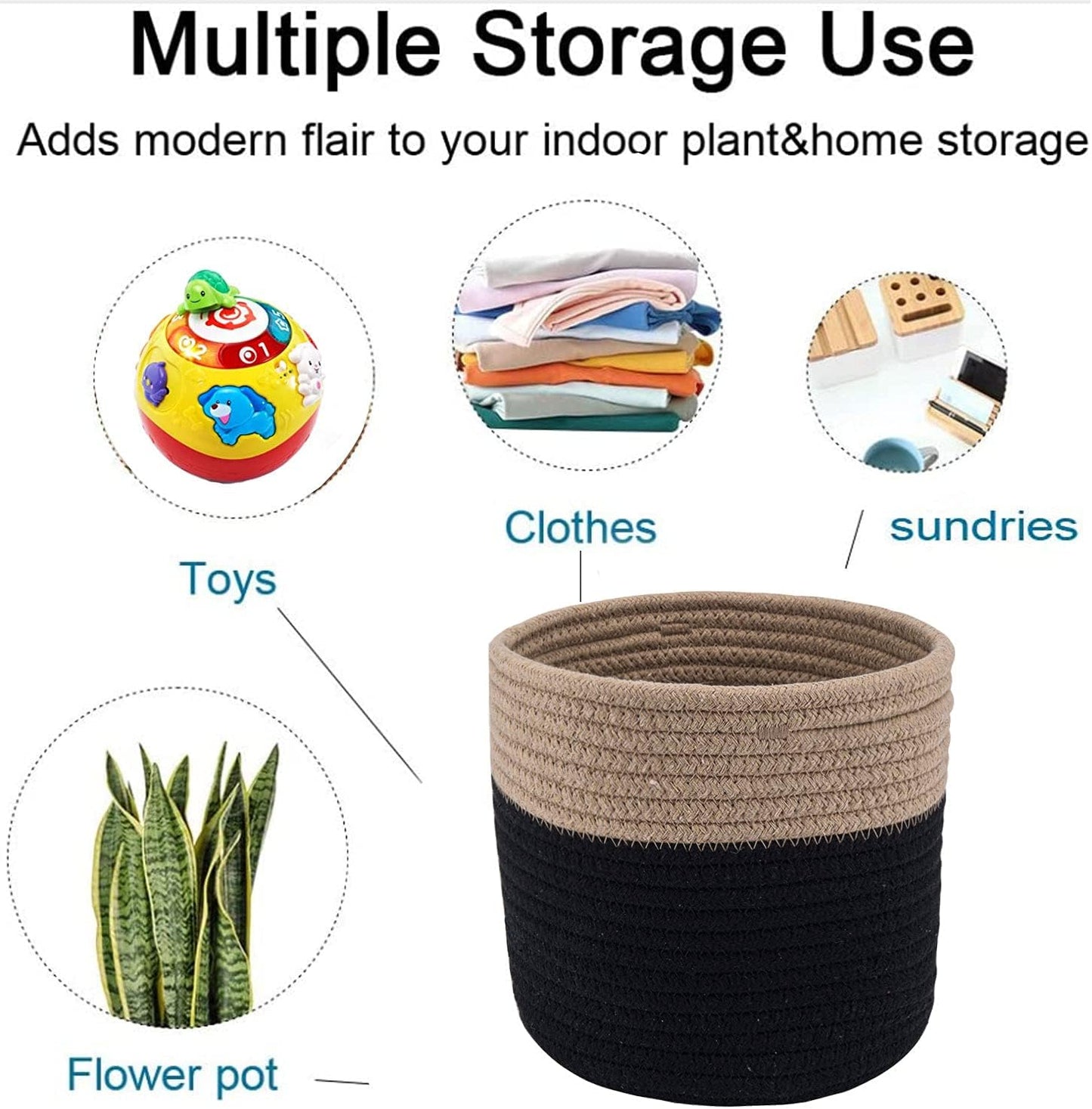 Woven Cotton Rope Plant Basket for 6" Flower Pot Floor Indoor Planters Flower Pot,Home Decor Storage Organizer H6 3/4" x W6 1/2" Black&Brown