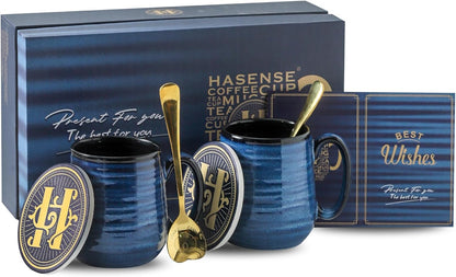 Hasense Coffee Mugs, 15 Ounce Porcelain Mugs Set of 2 with Handle for Morning Coffee Tea and Cocoa, Ceramic Coffee Cups Gift Box with Beautiful Glaze Coasters Spoons for Men and Women, Navy