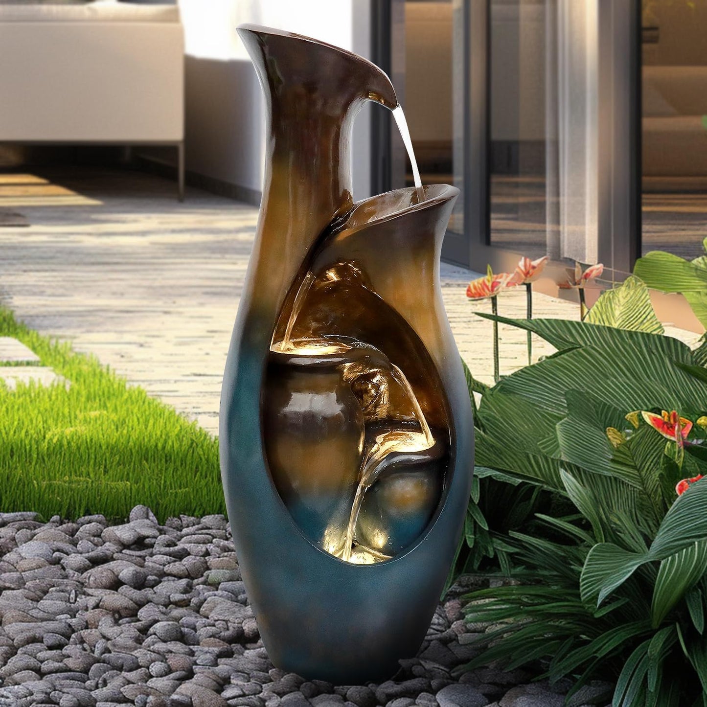 watnature 31.4”H Outdoor Garden Fountains and Waterfalls -Modern Indoor Water Jar Fountain with LED Lights&Pump for Garden, Patio, House, Home Decor, Indoor Zen Fountains Outdoor Waterfall Features