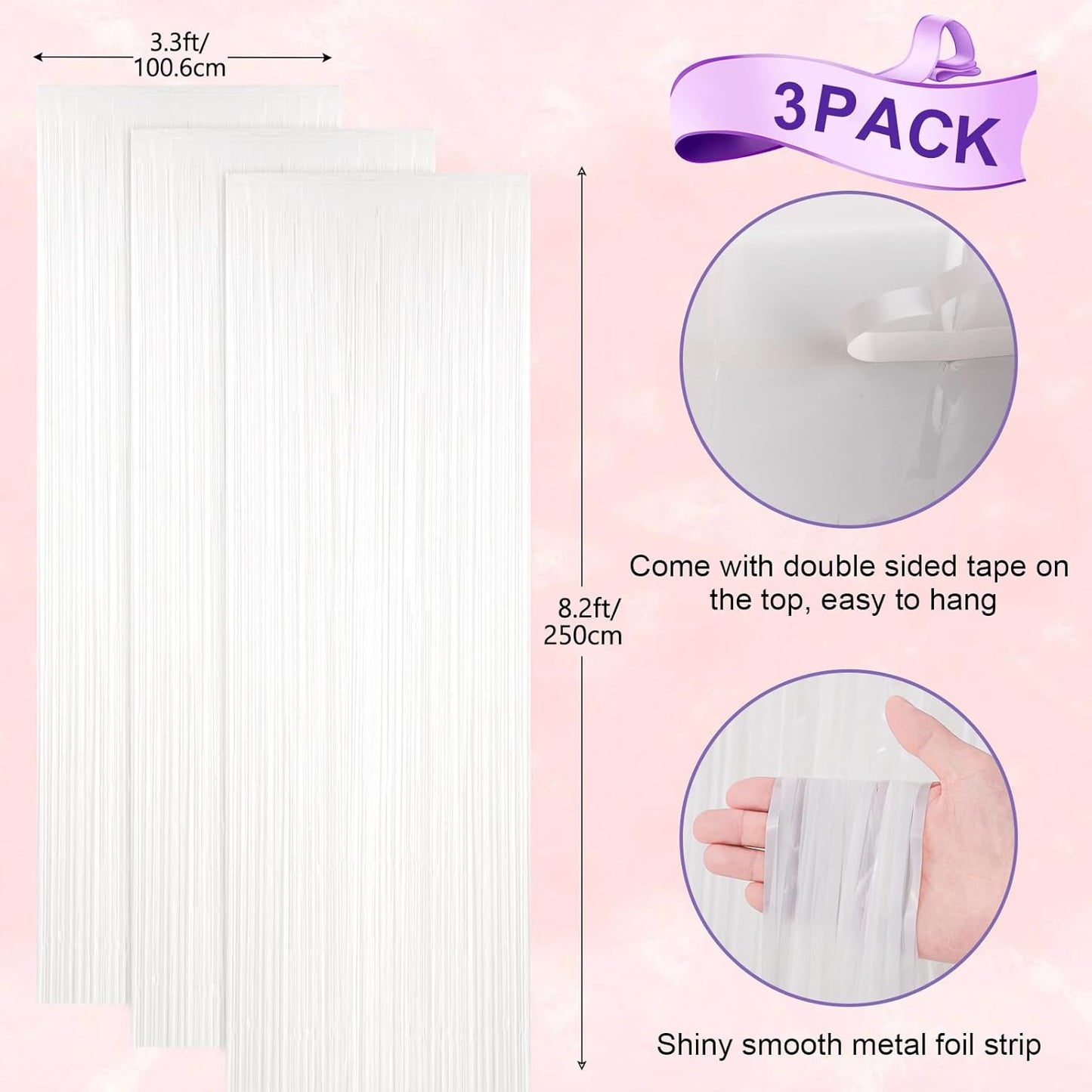 3 Pack 3.3x8.2 Feet White Foil Fringe Backdrop Curtains, Tinsel Streamers Birthday Party Decorations, Fringe Backdrop for Graduation, Baby Shower, Gender Reveal, Disco Party