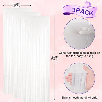3 Pack 3.3x8.2 Feet White Foil Fringe Backdrop Curtains, Tinsel Streamers Birthday Party Decorations, Fringe Backdrop for Graduation, Baby Shower, Gender Reveal, Disco Party