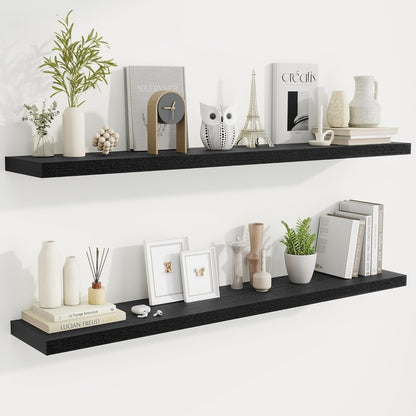 Fun Memories 55 Inch Fireplace Mantel Shelf -Long Floating Shelves, Deep Wall Mounted Farmhouse Display Shelves with Invisible Heavy Duty Metal Bracket, Black, 2 Pack