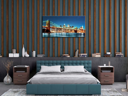 Pyradecor Large Modern New York Cityscape Canvas Wall Art Brooklyn Bridge Night View Canvas Prints Stretched Landscape Pictures Paintings Artwork for Living Room Home Decorations L
