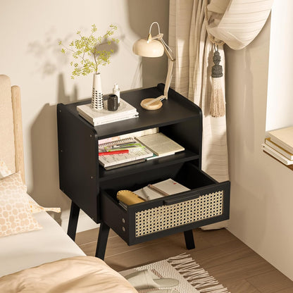 Lerliuo Rattan Nightstands Set of 2, Bedside Table with Drawer Open Shelf, Cane Accent Side End Table with Solid Wood Legs, Black Mid Century Night Stand for Bedroom, Dorm and Small Spaces