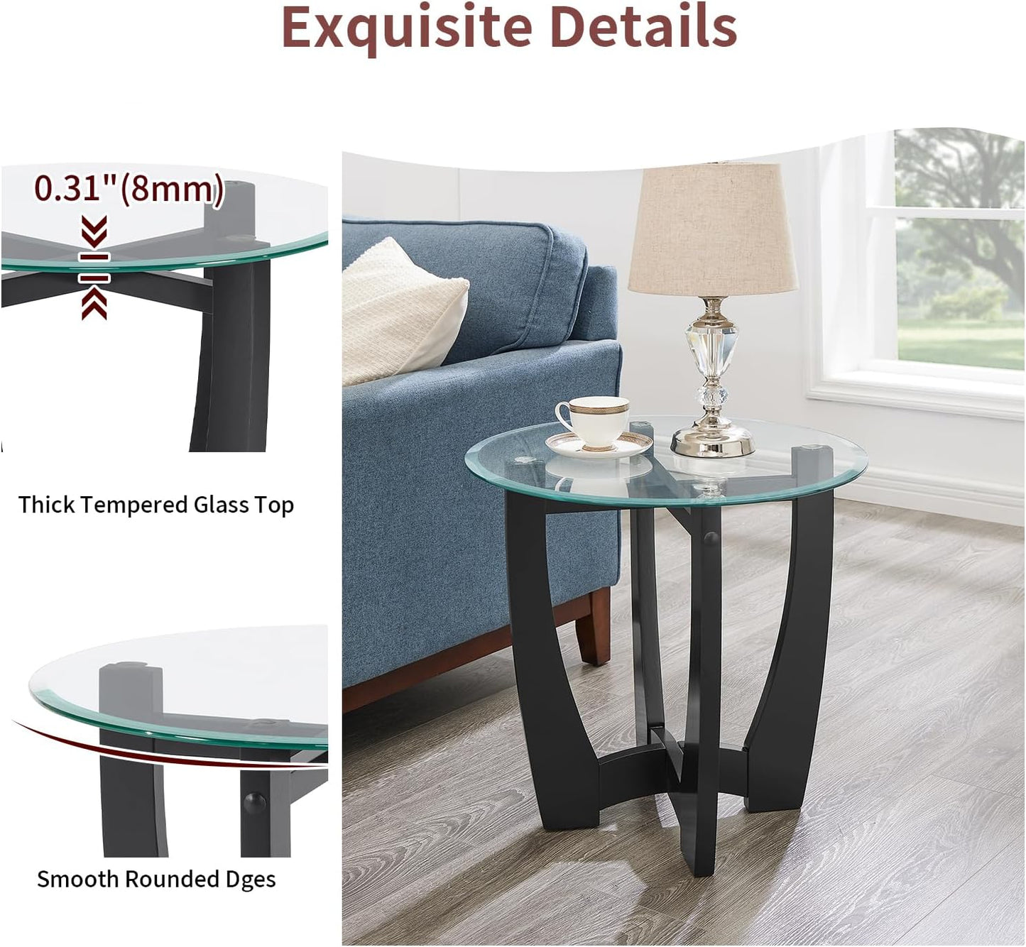 Glass End Table, 23.5" Round Side Tables with Tempered Glass Top Cross and Solid Wood Base Small Night Stand for Living Room Office Apartment Black