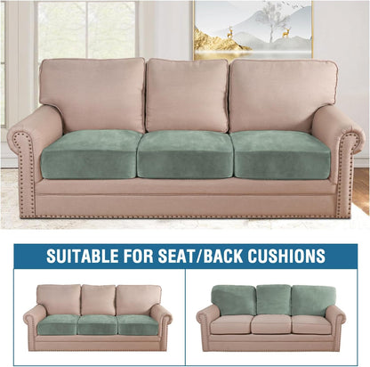 H.VERSAILTEX Velvet Stretch Couch Cushion Cover Plush Cushion Slipcover for Chair Loveseat Sofa Cushion Furniture Protector Seat Cushion Sofa Cover (3 Piece XL Sofa Cushion Covers, Sea Grass)