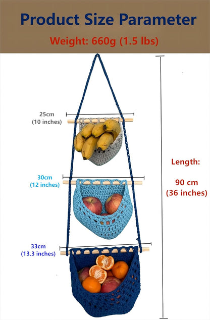 Hanging Fruit Basket, 3 Tier Cotton Macrame Produce Basket for Kitchen, Indoor Planter Hangers.