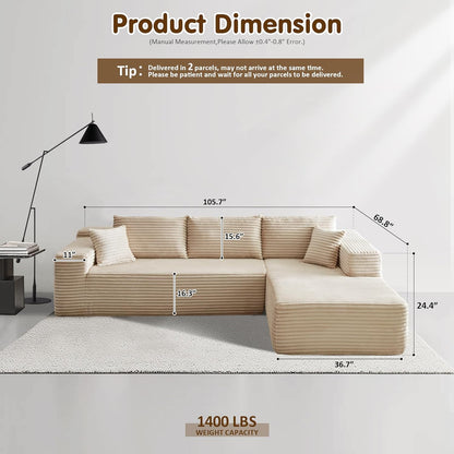 ovios 104" Cloud Sectional Couch with L-Shape Chaise,Modern Modular Sofa with Deep Seat, Upholstered Couches for Living Room Bedroom,No Assembly Required, Beige (Plush Corduroy Fabric)