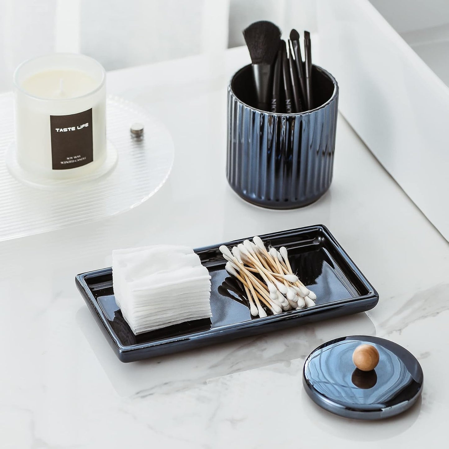 Qtip Holder Bathroom Set with Tray(3PCS) - 2 Piece 12 oz Blue Apothecary Jar Canister with Lid and 1 Pack Ceramic Vanity Tray