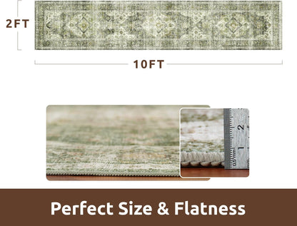 AMOAMI-2X10 Runner Rug-Washable Runners for Hallways-Soft Non Slip Bedside Rugs for Bedroom-Vintage Long Rug for Hallways Entryway Laundry Room Stair Kitchen Bathroom Green