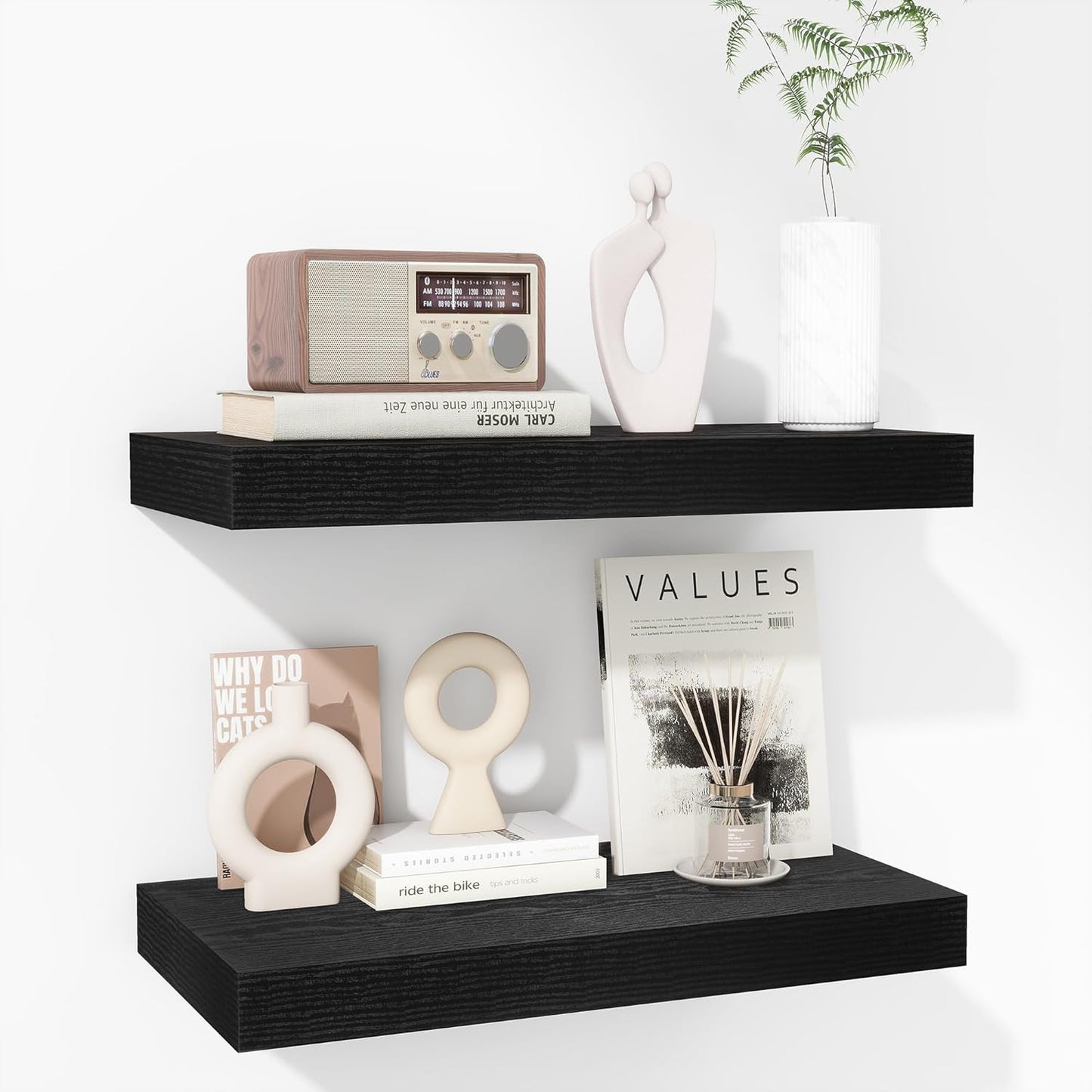 Fun Memories 16 Inch Floating Shelves - Deep Rustic Black Wooden Wall Shelves - Extra Deeper & Thicker Wall Mounted Storage Shelf for Bedroom, Kitchen, Farmhouse - 2 Pack, Rustic Black