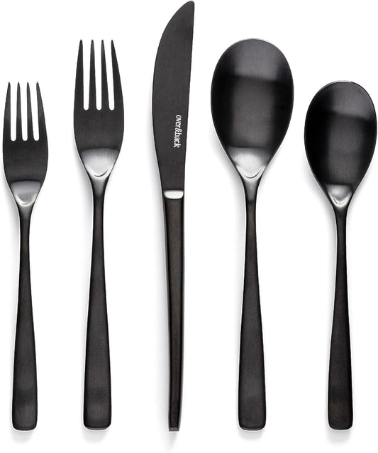over&back 20pc Curved Flatware Cutlery Set - Comes with 4 Dinner Forks, 4 Salad Forks, 4 Dinner Knives, 4 Dinner Spoons, and 4 Teaspoons - 18/8 Stainless Steel - Dishwasher-Safe - Matte Black
