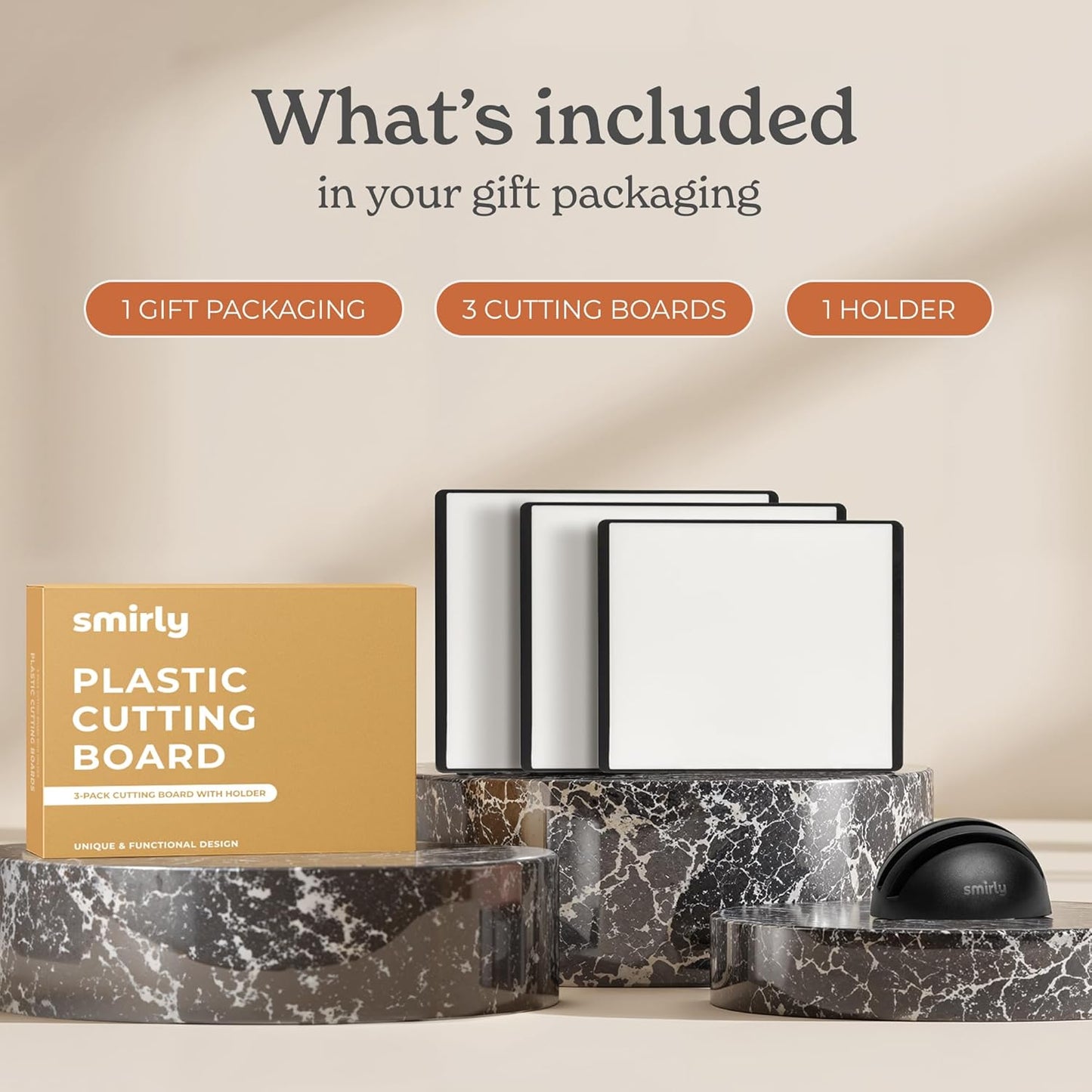 SMIRLY Plastic Cutting Board Set with Holder 3 Pieces, Non-Slip Dishwasher Safe Chopping Boards for Kitchen, Black & White