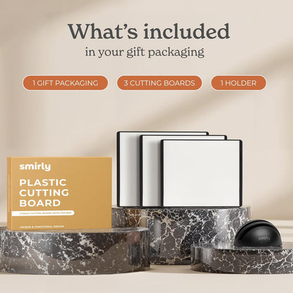 SMIRLY Plastic Cutting Board Set with Holder 3 Pieces, Non-Slip Dishwasher Safe Chopping Boards for Kitchen, Black & White