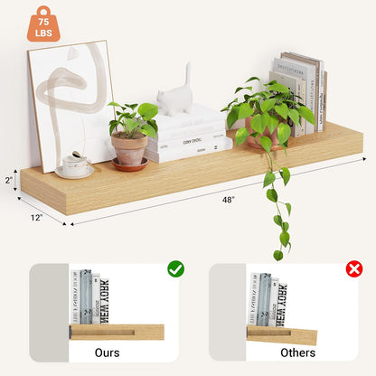 Heimlove 12 Inch Deep Floating Shelves, 48 x 12 inches Long Wall Shelf, Large Display Shelf & Storage Shelf, Rustic Wood Wall Shelves for Fireplace Mantel, Set of 1(Oak)