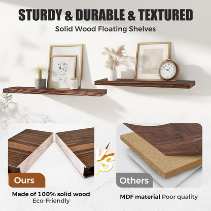 Floating Wall Shelves 2-Pack - 24-Inch Rustic Brown Wooden Shelves for Storage and Décor, Easy Installation for Living Room, Bedroom, and Kitchen