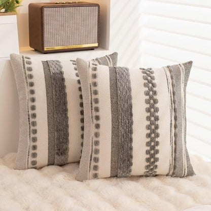 Boho Throw Pillow Covers 18x18 Set of 2 Farmhouse Decorative Cushion Case Striped Square Pillows Cover Chenille Pillow Cases Accent Neutral Pillowcase for Sofa Couch Bed,Gray